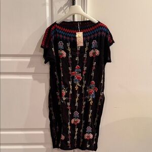Johnny Was Black Mini Dress with Multicolor Floral Embroidery